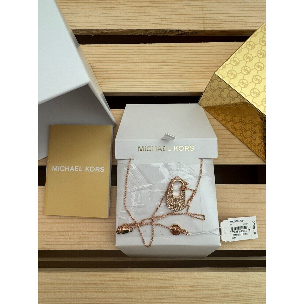NIB MICHAEL KORS ROSE GOLD CRYSTAL PADLOCK NECKLACE